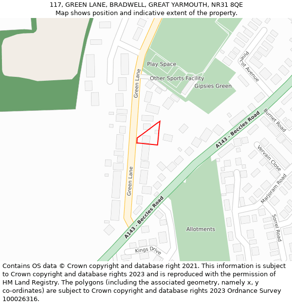 117, GREEN LANE, BRADWELL, GREAT YARMOUTH, NR31 8QE: Location map and indicative extent of plot