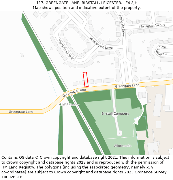 117, GREENGATE LANE, BIRSTALL, LEICESTER, LE4 3JH: Location map and indicative extent of plot
