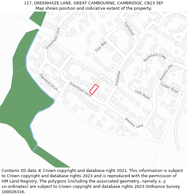 117, GREENHAZE LANE, GREAT CAMBOURNE, CAMBRIDGE, CB23 5EF: Location map and indicative extent of plot