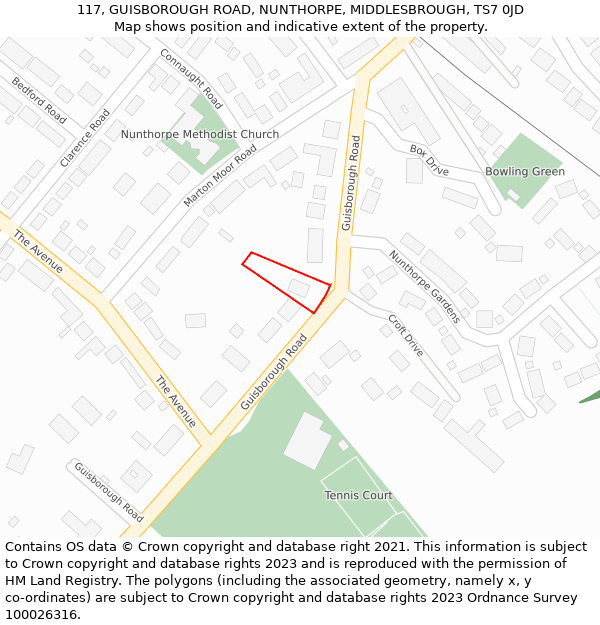 117, GUISBOROUGH ROAD, NUNTHORPE, MIDDLESBROUGH, TS7 0JD: Location map and indicative extent of plot