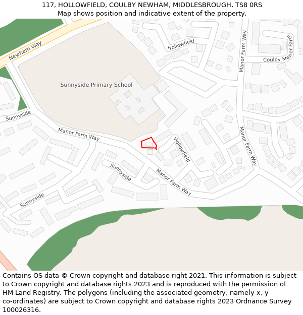 117, HOLLOWFIELD, COULBY NEWHAM, MIDDLESBROUGH, TS8 0RS: Location map and indicative extent of plot