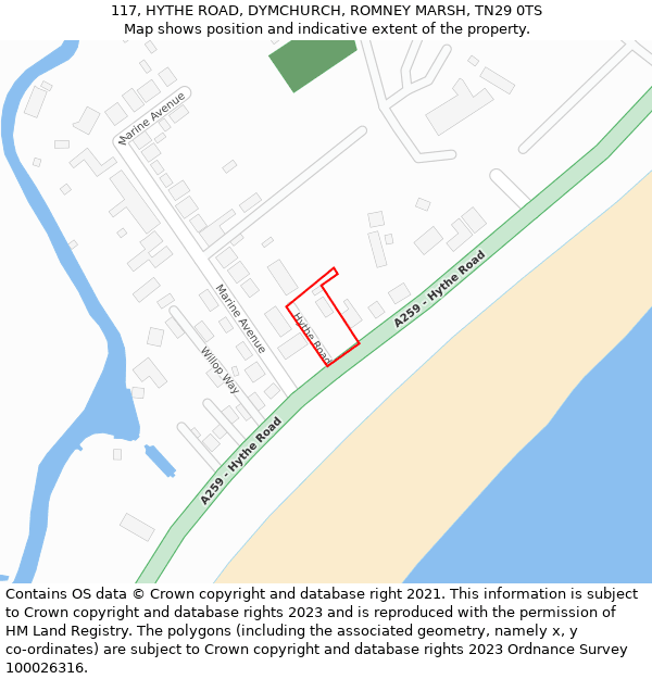 117, HYTHE ROAD, DYMCHURCH, ROMNEY MARSH, TN29 0TS: Location map and indicative extent of plot