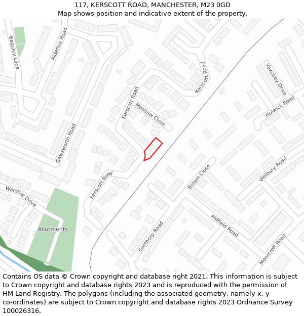 117, KERSCOTT ROAD, MANCHESTER, M23 0GD: Location map and indicative extent of plot