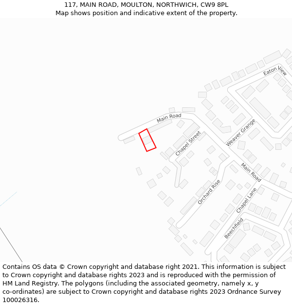117, MAIN ROAD, MOULTON, NORTHWICH, CW9 8PL: Location map and indicative extent of plot