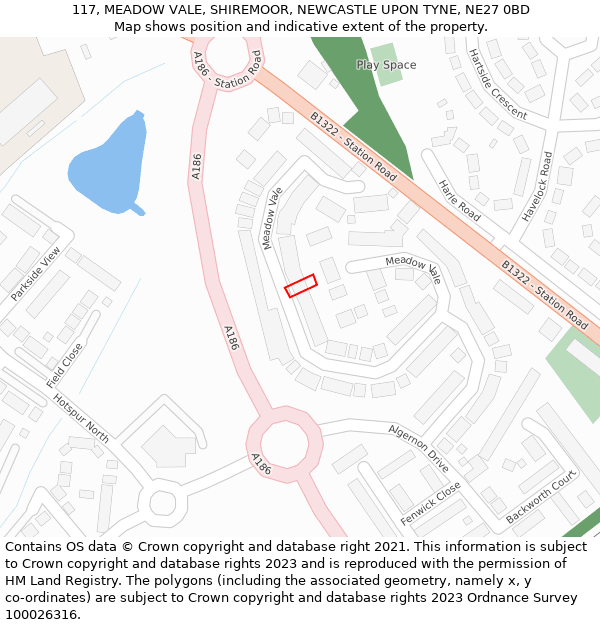 117, MEADOW VALE, SHIREMOOR, NEWCASTLE UPON TYNE, NE27 0BD: Location map and indicative extent of plot