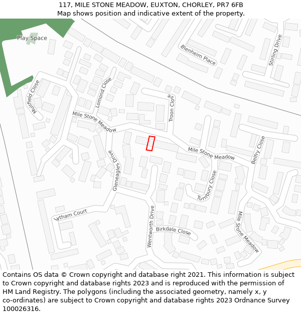 117, MILE STONE MEADOW, EUXTON, CHORLEY, PR7 6FB: Location map and indicative extent of plot