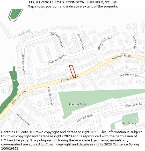 117, RAVENCAR ROAD, ECKINGTON, SHEFFIELD, S21 4JE: Location map and indicative extent of plot