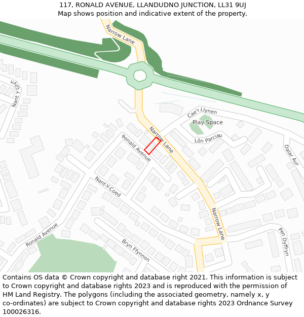 117, RONALD AVENUE, LLANDUDNO JUNCTION, LL31 9UJ: Location map and indicative extent of plot