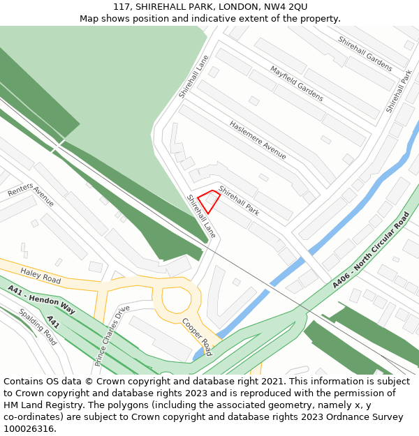 117, SHIREHALL PARK, LONDON, NW4 2QU: Location map and indicative extent of plot