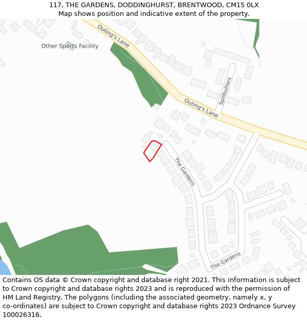 117, THE GARDENS, DODDINGHURST, BRENTWOOD, CM15 0LX: Location map and indicative extent of plot