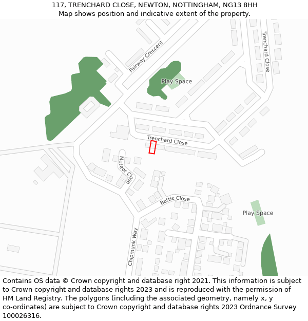 117, TRENCHARD CLOSE, NEWTON, NOTTINGHAM, NG13 8HH: Location map and indicative extent of plot