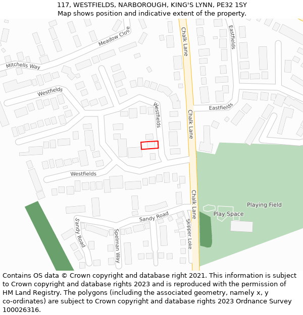 117, WESTFIELDS, NARBOROUGH, KING'S LYNN, PE32 1SY: Location map and indicative extent of plot