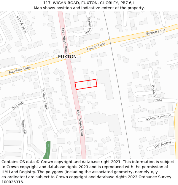 117, WIGAN ROAD, EUXTON, CHORLEY, PR7 6JH: Location map and indicative extent of plot