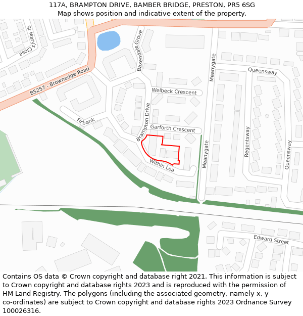 117A, BRAMPTON DRIVE, BAMBER BRIDGE, PRESTON, PR5 6SG: Location map and indicative extent of plot