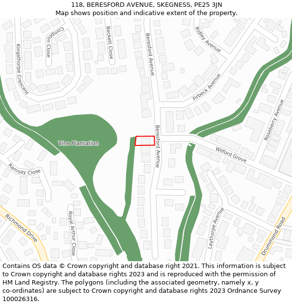 118, BERESFORD AVENUE, SKEGNESS, PE25 3JN: Location map and indicative extent of plot