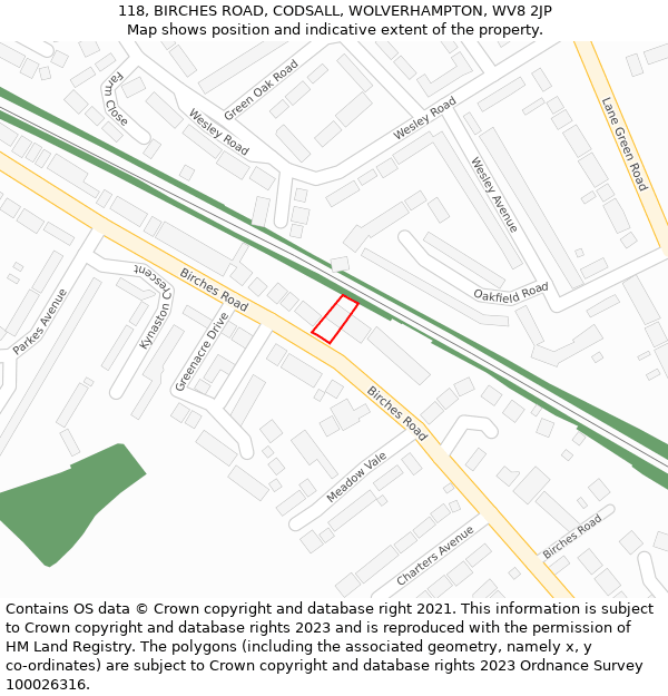 118, BIRCHES ROAD, CODSALL, WOLVERHAMPTON, WV8 2JP: Location map and indicative extent of plot