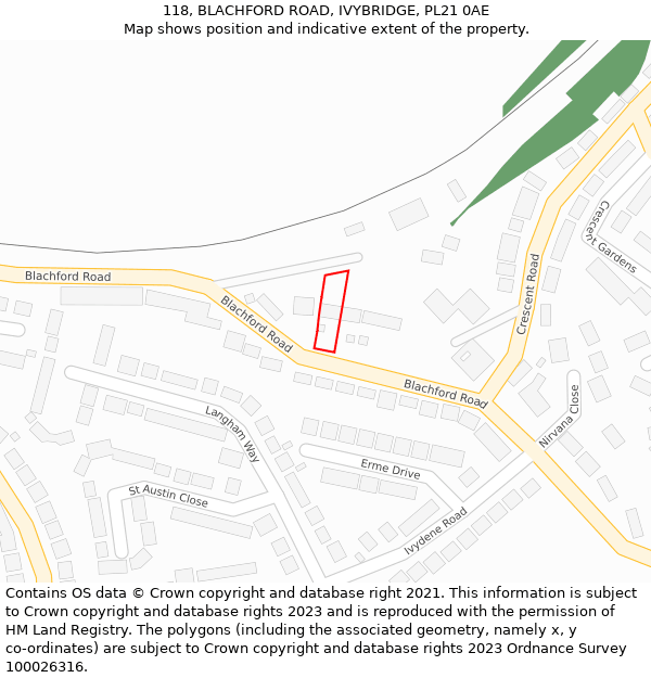 118, BLACHFORD ROAD, IVYBRIDGE, PL21 0AE: Location map and indicative extent of plot
