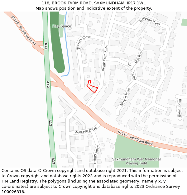 118, BROOK FARM ROAD, SAXMUNDHAM, IP17 1WL: Location map and indicative extent of plot