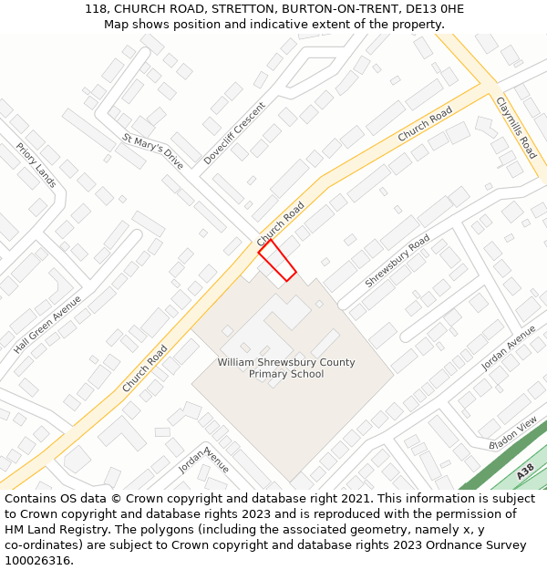 118, CHURCH ROAD, STRETTON, BURTON-ON-TRENT, DE13 0HE: Location map and indicative extent of plot