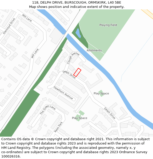 118, DELPH DRIVE, BURSCOUGH, ORMSKIRK, L40 5BE: Location map and indicative extent of plot