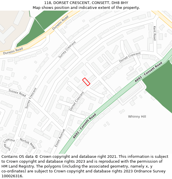 118, DORSET CRESCENT, CONSETT, DH8 8HY: Location map and indicative extent of plot