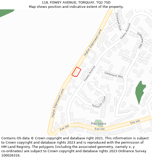 118, FOWEY AVENUE, TORQUAY, TQ2 7SD: Location map and indicative extent of plot