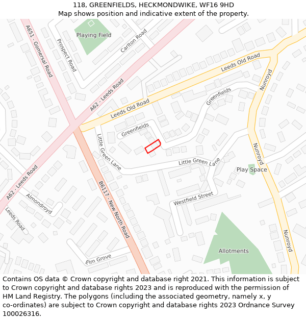 118, GREENFIELDS, HECKMONDWIKE, WF16 9HD: Location map and indicative extent of plot