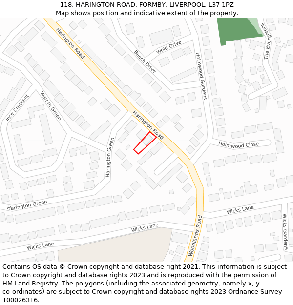 118, HARINGTON ROAD, FORMBY, LIVERPOOL, L37 1PZ: Location map and indicative extent of plot