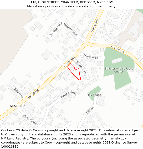 118, HIGH STREET, CRANFIELD, BEDFORD, MK43 0DG: Location map and indicative extent of plot