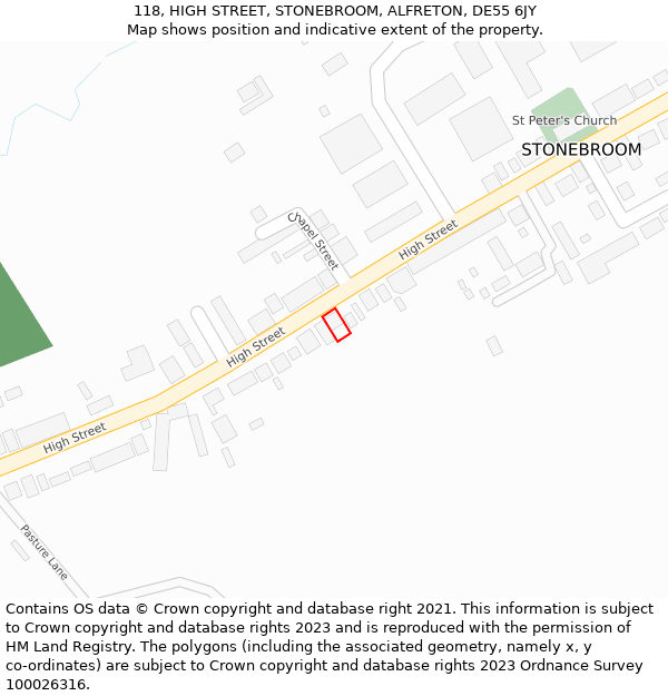 118, HIGH STREET, STONEBROOM, ALFRETON, DE55 6JY: Location map and indicative extent of plot