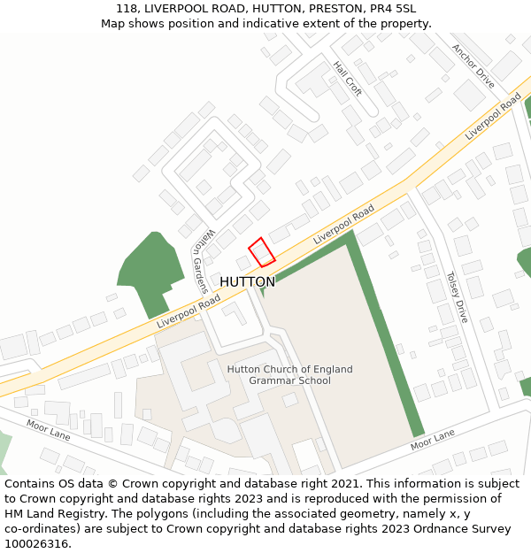 118, LIVERPOOL ROAD, HUTTON, PRESTON, PR4 5SL: Location map and indicative extent of plot