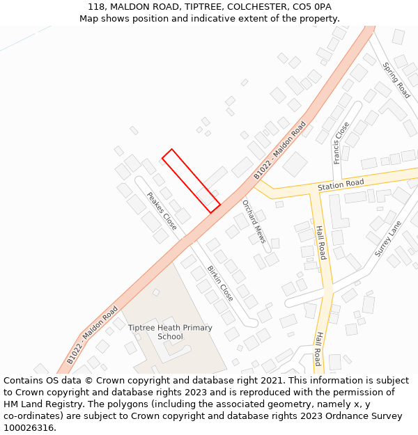 118, MALDON ROAD, TIPTREE, COLCHESTER, CO5 0PA: Location map and indicative extent of plot