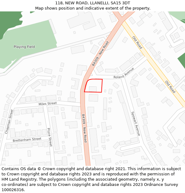 118, NEW ROAD, LLANELLI, SA15 3DT: Location map and indicative extent of plot