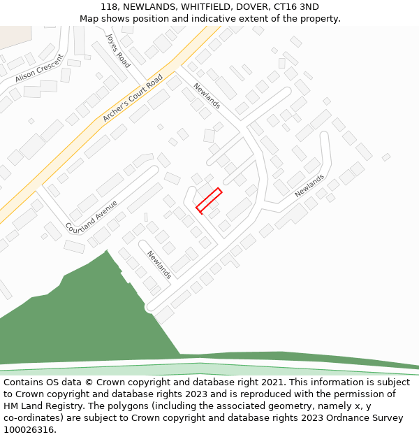 118, NEWLANDS, WHITFIELD, DOVER, CT16 3ND: Location map and indicative extent of plot