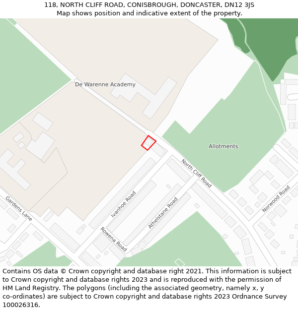 118, NORTH CLIFF ROAD, CONISBROUGH, DONCASTER, DN12 3JS: Location map and indicative extent of plot