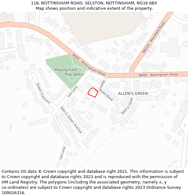 118, NOTTINGHAM ROAD, SELSTON, NOTTINGHAM, NG16 6BX: Location map and indicative extent of plot