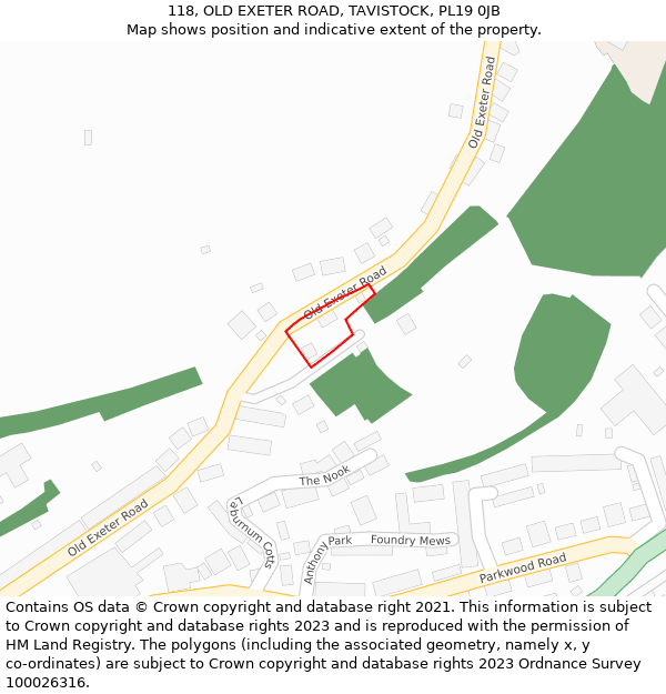 118, OLD EXETER ROAD, TAVISTOCK, PL19 0JB: Location map and indicative extent of plot
