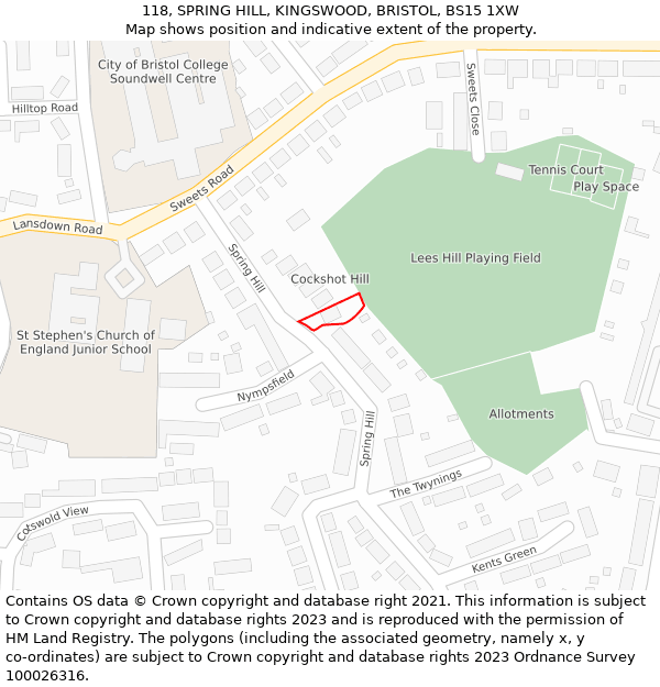 118, SPRING HILL, KINGSWOOD, BRISTOL, BS15 1XW: Location map and indicative extent of plot