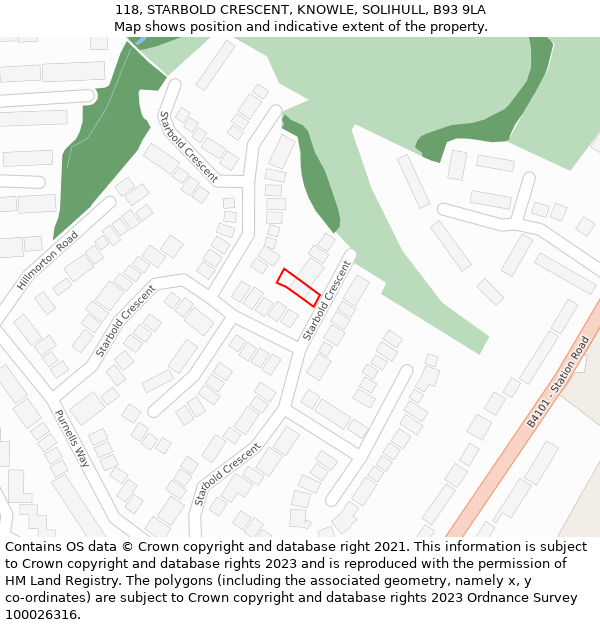 118, STARBOLD CRESCENT, KNOWLE, SOLIHULL, B93 9LA: Location map and indicative extent of plot