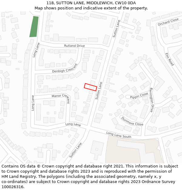 118, SUTTON LANE, MIDDLEWICH, CW10 0DA: Location map and indicative extent of plot