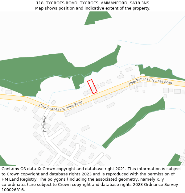 118, TYCROES ROAD, TYCROES, AMMANFORD, SA18 3NS: Location map and indicative extent of plot