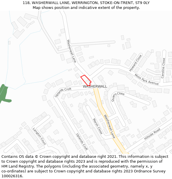 118, WASHERWALL LANE, WERRINGTON, STOKE-ON-TRENT, ST9 0LY: Location map and indicative extent of plot