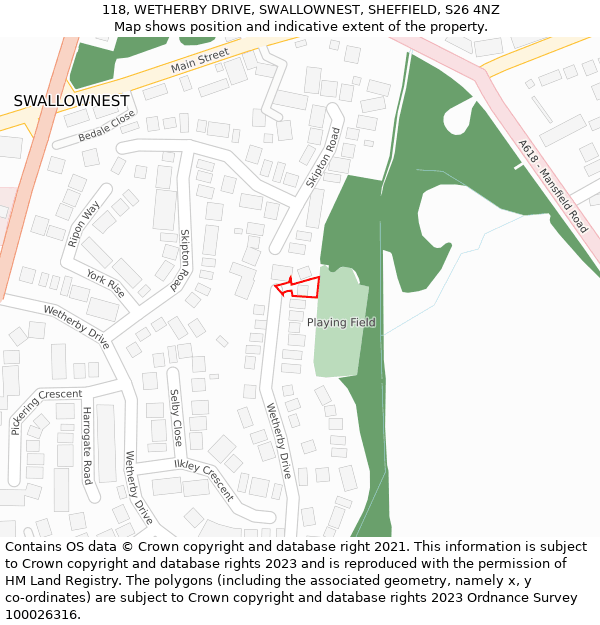 118, WETHERBY DRIVE, SWALLOWNEST, SHEFFIELD, S26 4NZ: Location map and indicative extent of plot