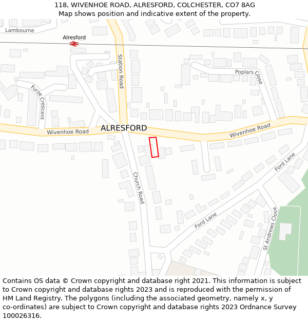 118, WIVENHOE ROAD, ALRESFORD, COLCHESTER, CO7 8AG: Location map and indicative extent of plot