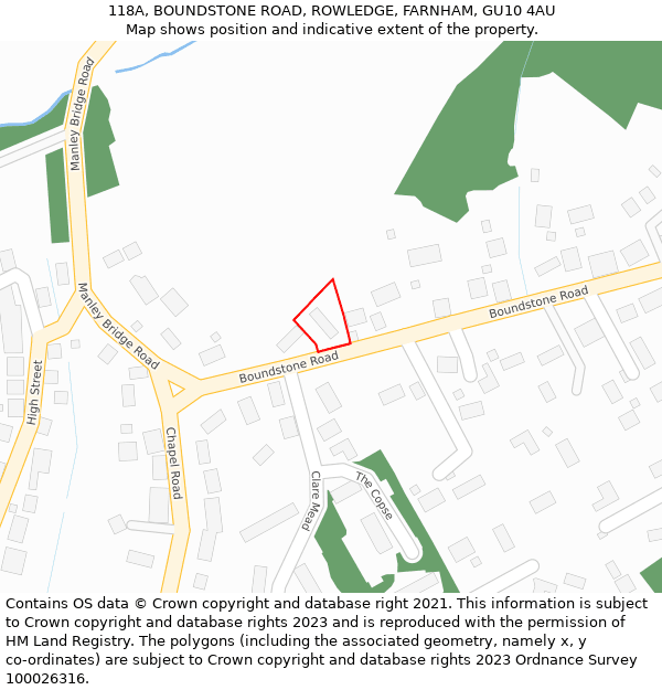 118A, BOUNDSTONE ROAD, ROWLEDGE, FARNHAM, GU10 4AU: Location map and indicative extent of plot