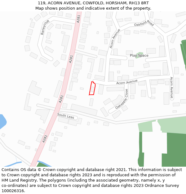 119, ACORN AVENUE, COWFOLD, HORSHAM, RH13 8RT: Location map and indicative extent of plot