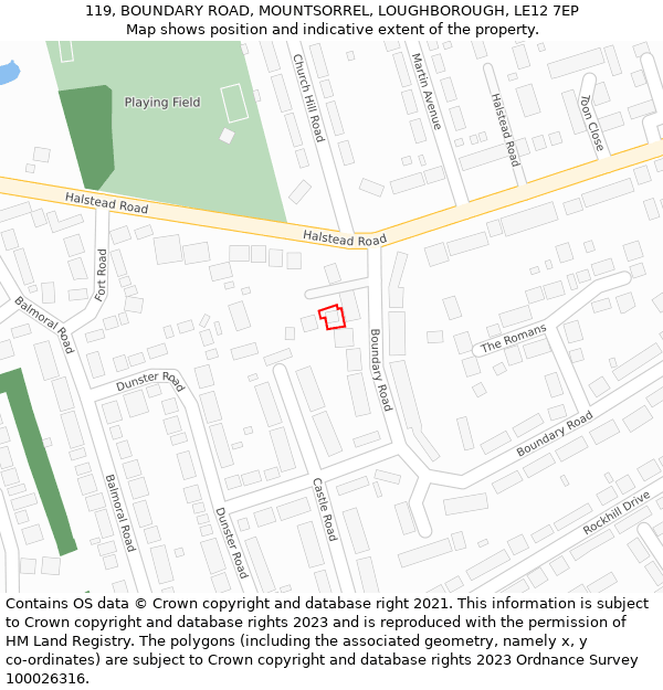 119, BOUNDARY ROAD, MOUNTSORREL, LOUGHBOROUGH, LE12 7EP: Location map and indicative extent of plot
