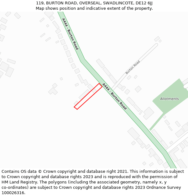 119, BURTON ROAD, OVERSEAL, SWADLINCOTE, DE12 6JJ: Location map and indicative extent of plot