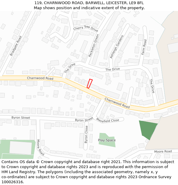 119, CHARNWOOD ROAD, BARWELL, LEICESTER, LE9 8FL: Location map and indicative extent of plot