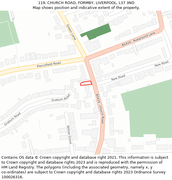 119, CHURCH ROAD, FORMBY, LIVERPOOL, L37 3ND: Location map and indicative extent of plot